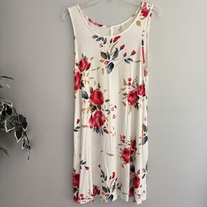 BISHUIGE Dress Womens L White Floral Scoop Neck Sleeveless Swing Sundress Beach
